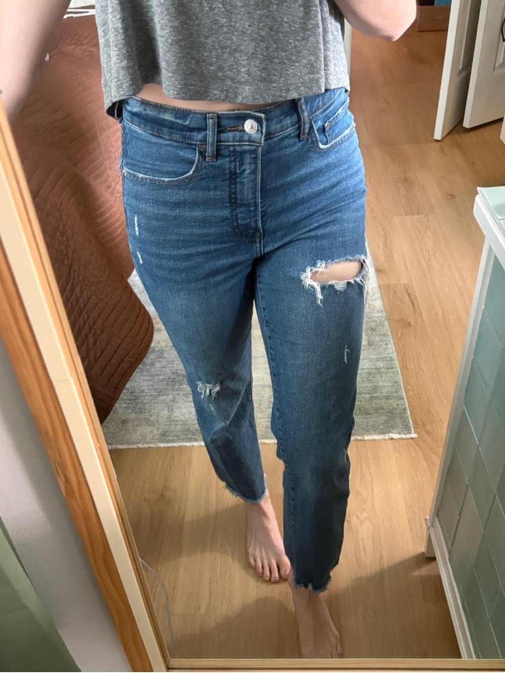 Express Straight Ankle High-Rise Distressed Jeans - Blue